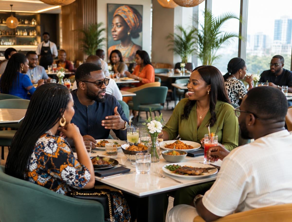 Diners sharing a meal in a busy restaurant
